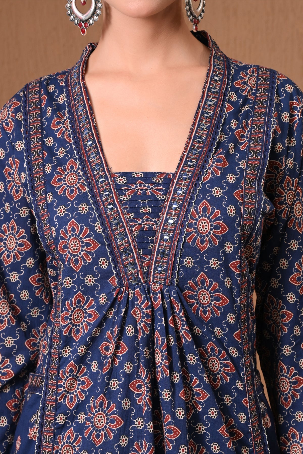 Indigo Blue Block Printed Anarkali 3 Pcs Kurta Set