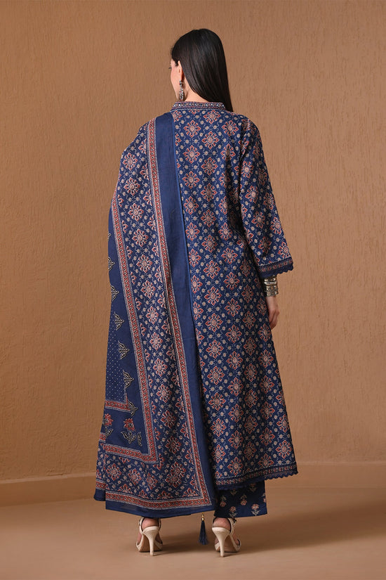 Indigo Blue Block Printed Anarkali 3 Pcs Kurta Set
