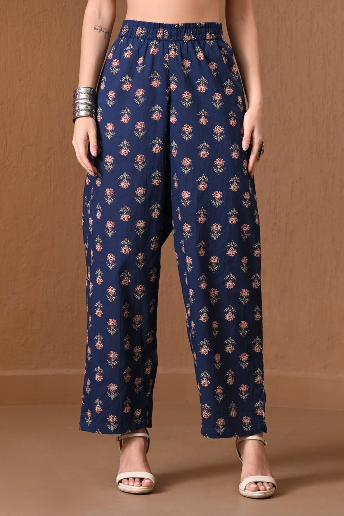 Indigo Blue Block Printed Anarkali 3 Pcs Kurta Set