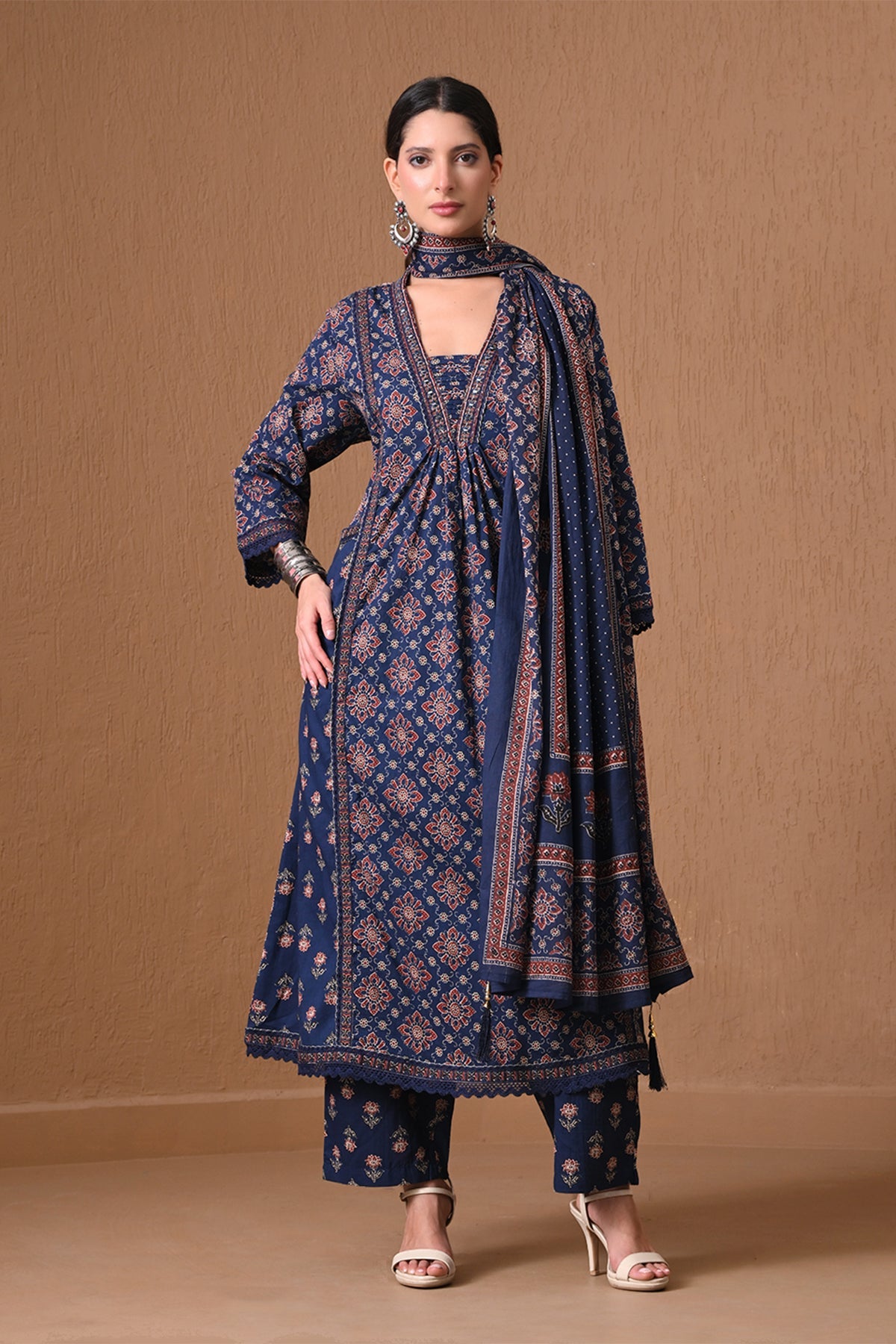 Indigo Blue Block Printed Anarkali 3 Pcs Kurta Set