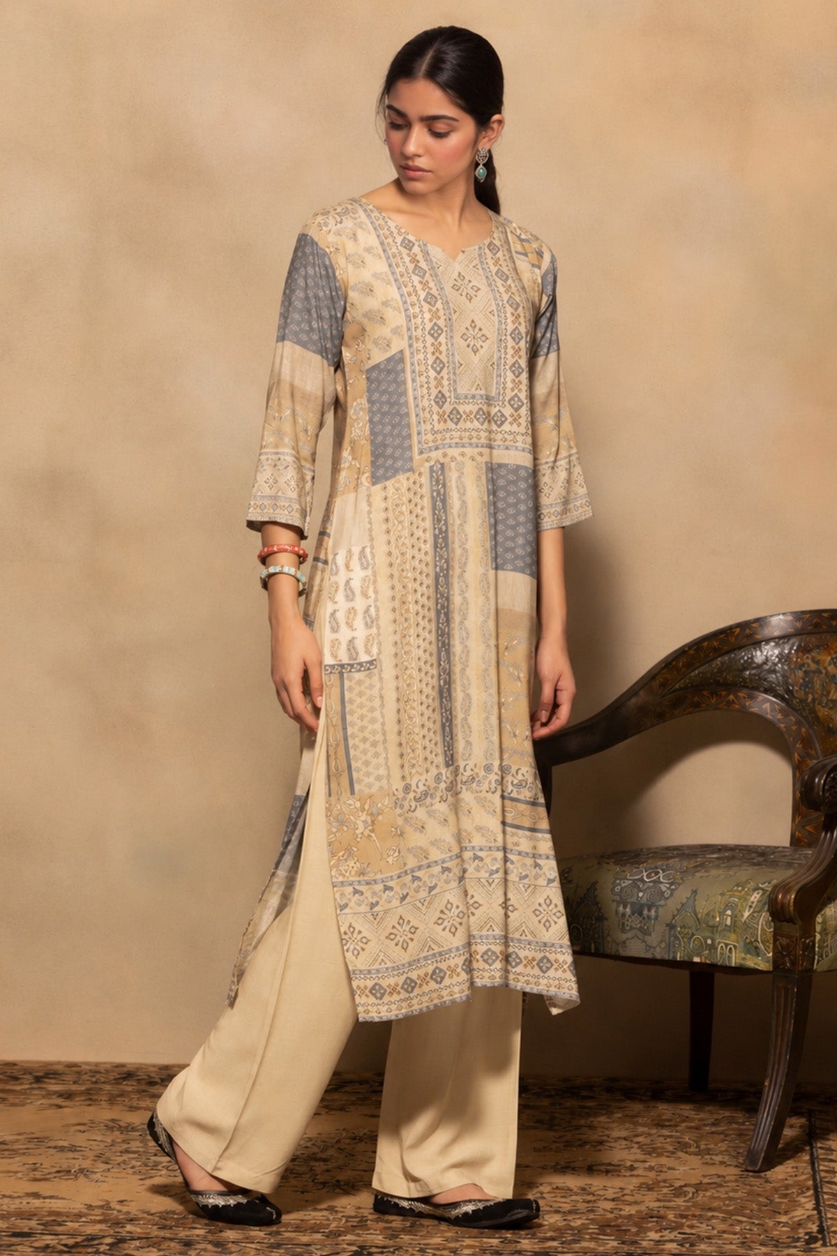 Beige Patchwork Printed 3 Pcs Kurta Set