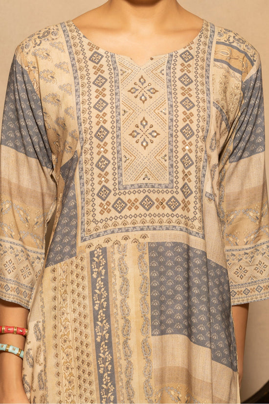 Beige Patchwork Printed 3 Pcs Kurta Set