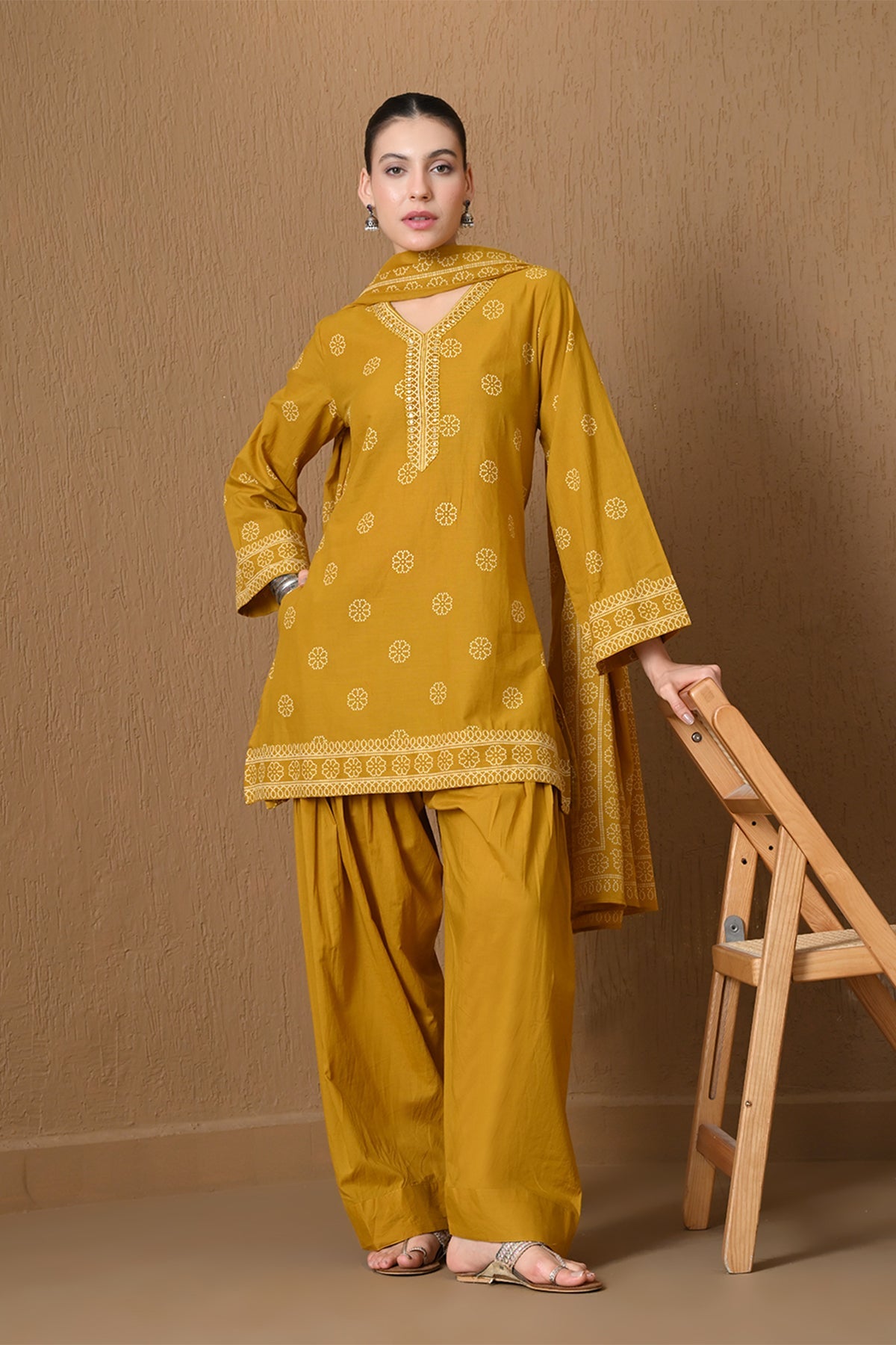 Mustard Printed 3 Pcs Kurta Set