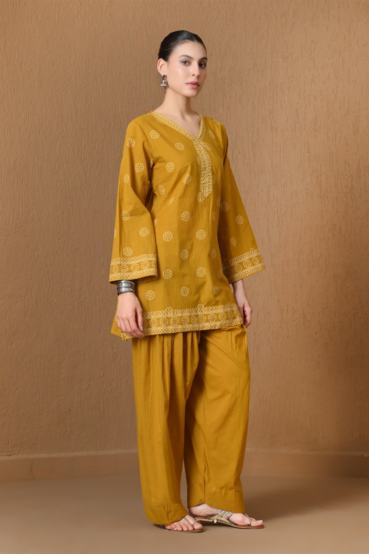Mustard Printed 3 Pcs Kurta Set