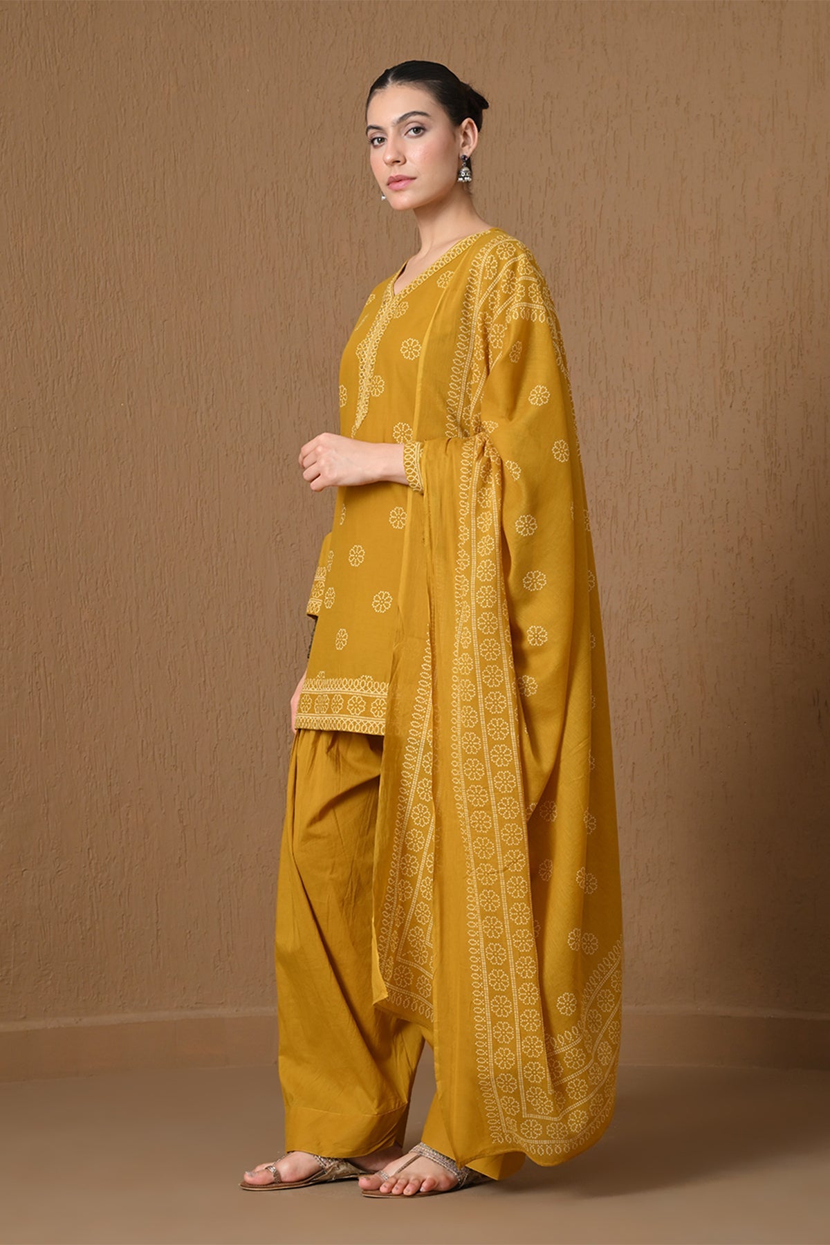 Mustard Printed 3 Pcs Kurta Set