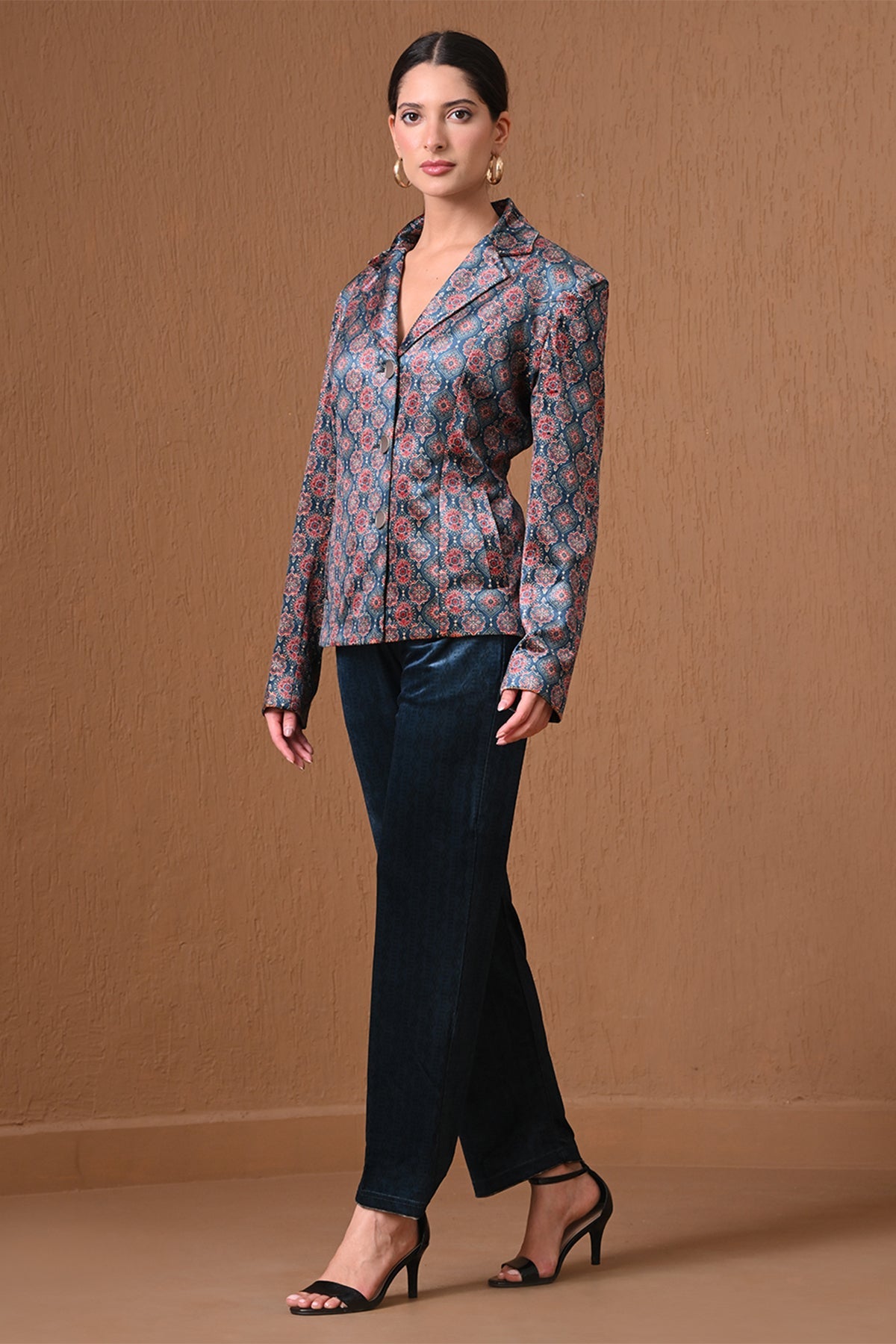 Winter Navy Blue Velvet Printed Coat Set