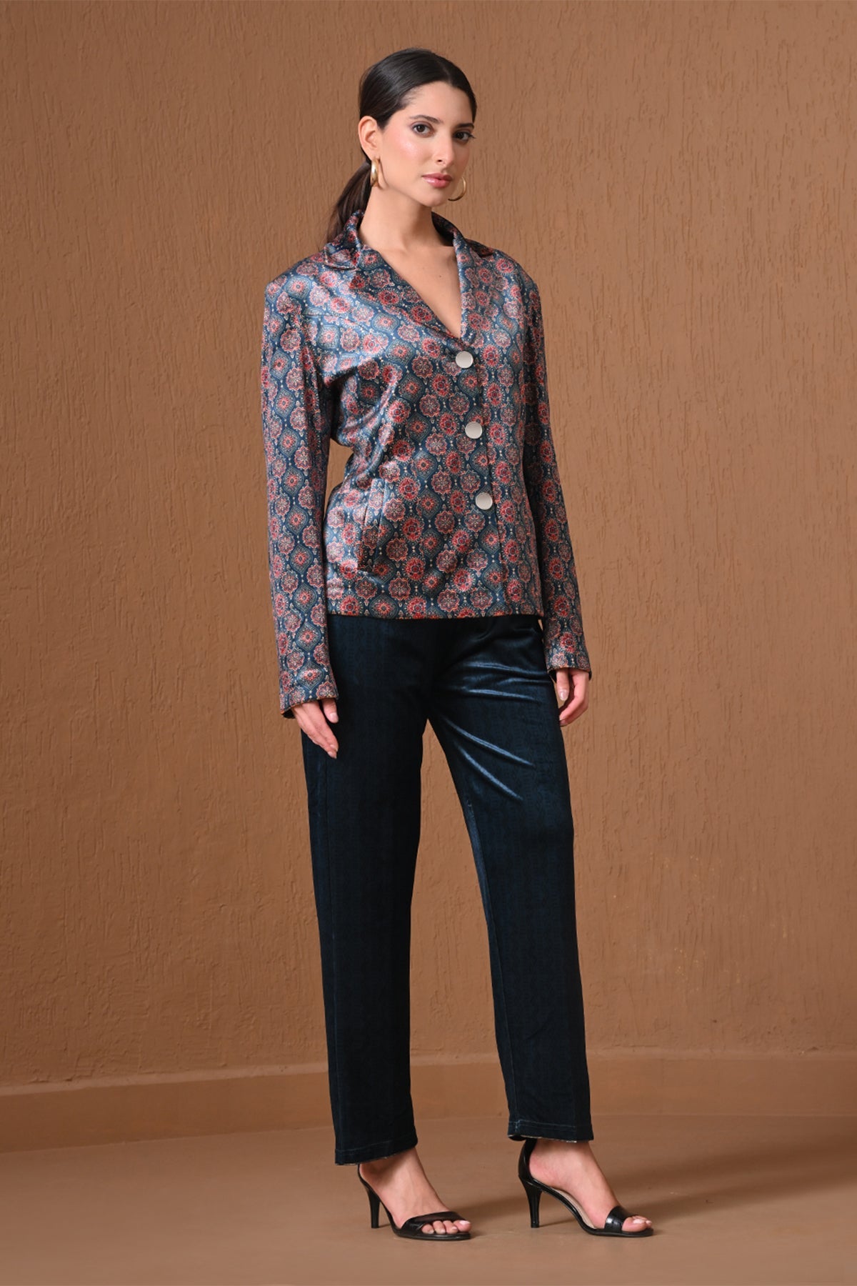 Winter Navy Blue Velvet Printed Coat Set