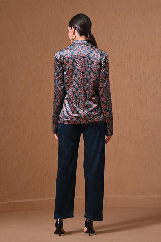 Winter Navy Blue Velvet Printed Coat Set