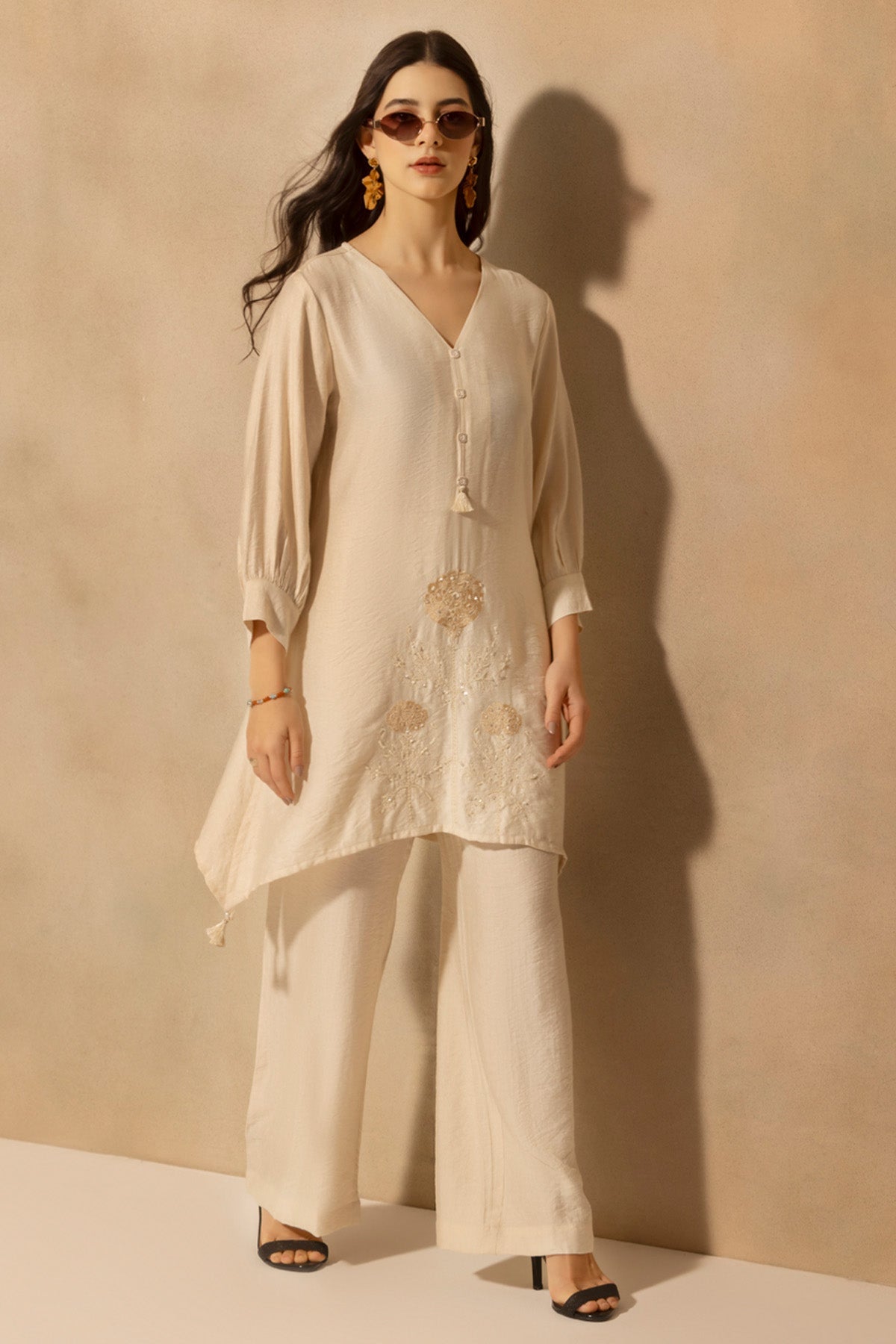 Cream Asymmetric Embroidered Co-Ord Set