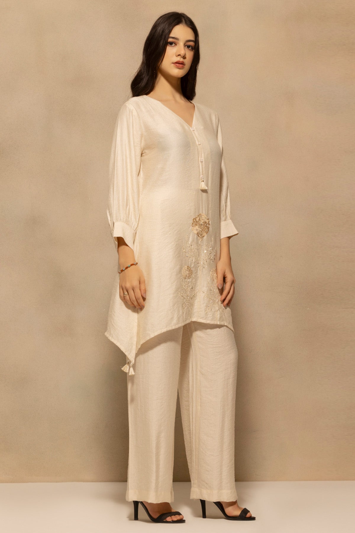 Cream Asymmetric Embroidered Co-Ord Set