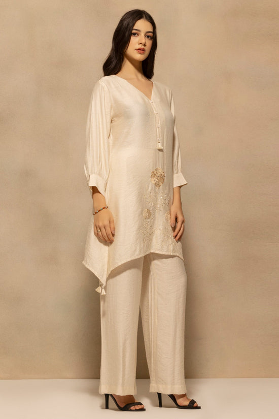 Cream Asymmetric Embroidered Co-Ord Set