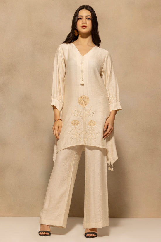Cream Asymmetric Embroidered Co-Ord Set