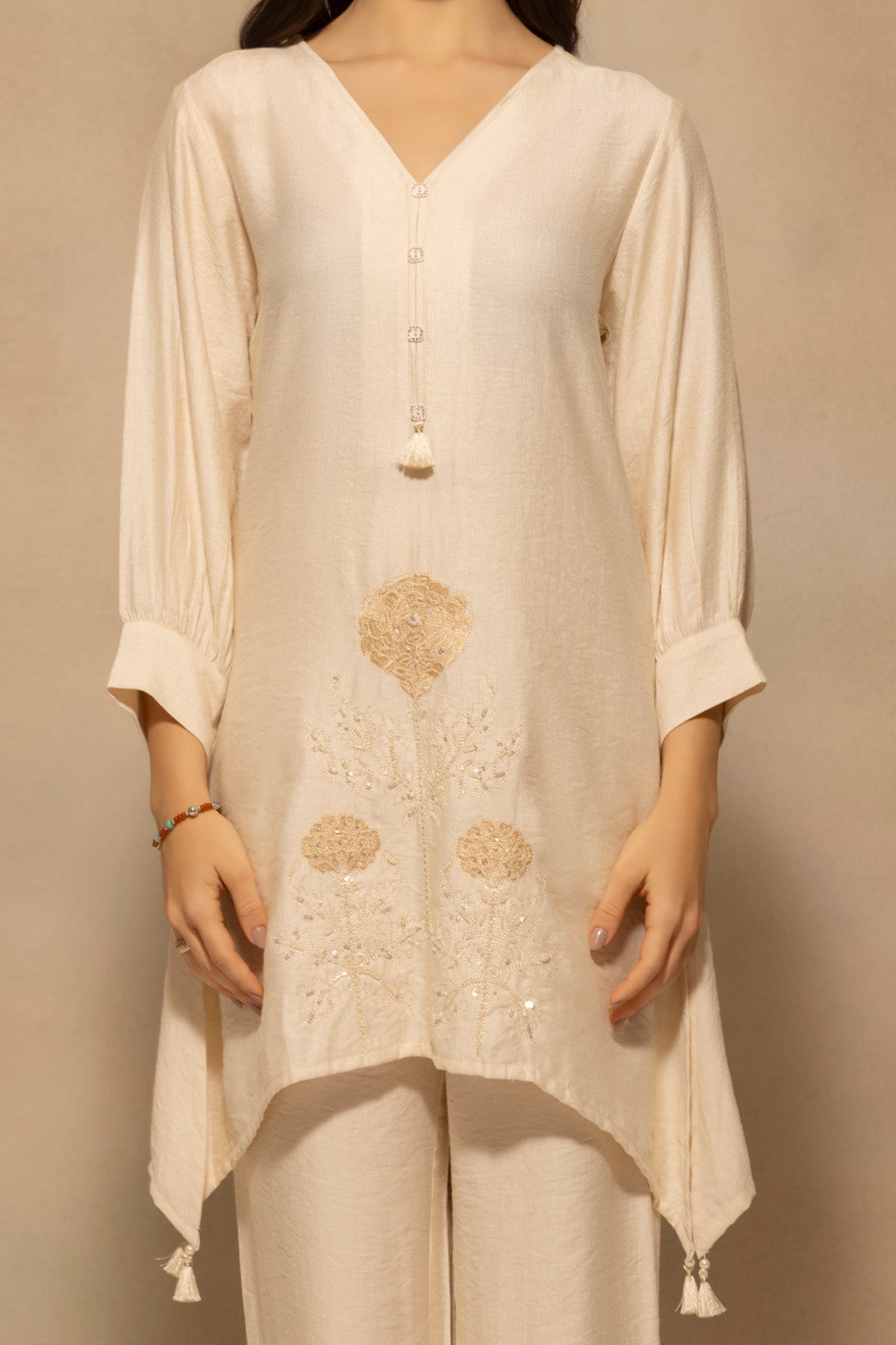 Cream Asymmetric Embroidered Co-Ord Set