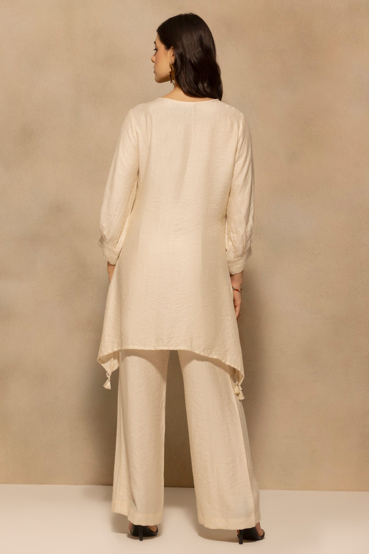 Cream Asymmetric Embroidered Co-Ord Set