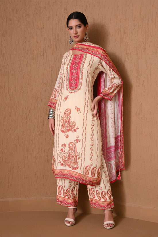 Cream Paisley Printed 3 Pcs Kurta Set