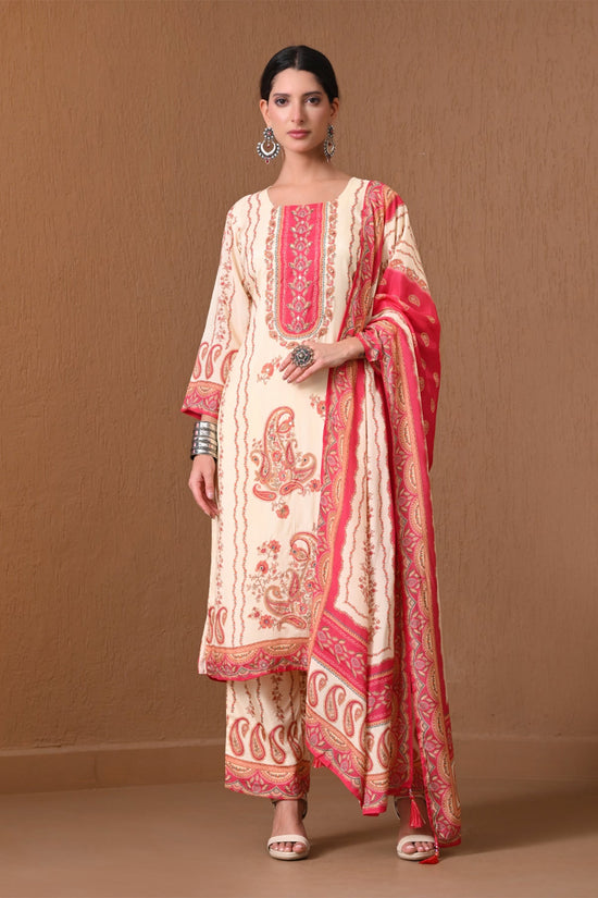 Cream Paisley Printed 3 Pcs Kurta Set