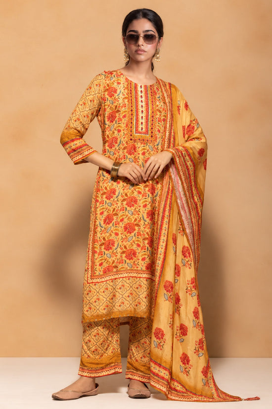 Beige Floral Printed 3 Pcs Kurta Set