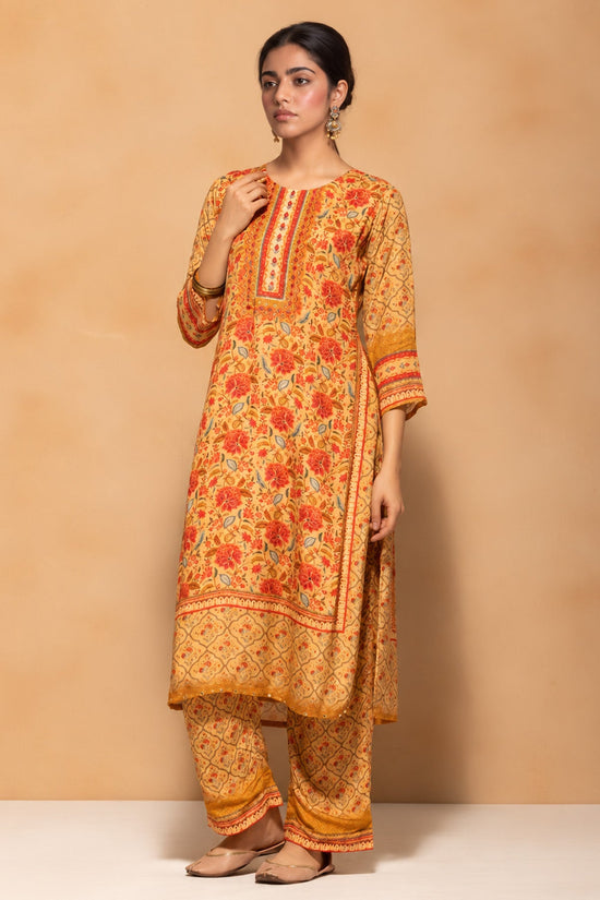Beige Floral Printed 3 Pcs Kurta Set