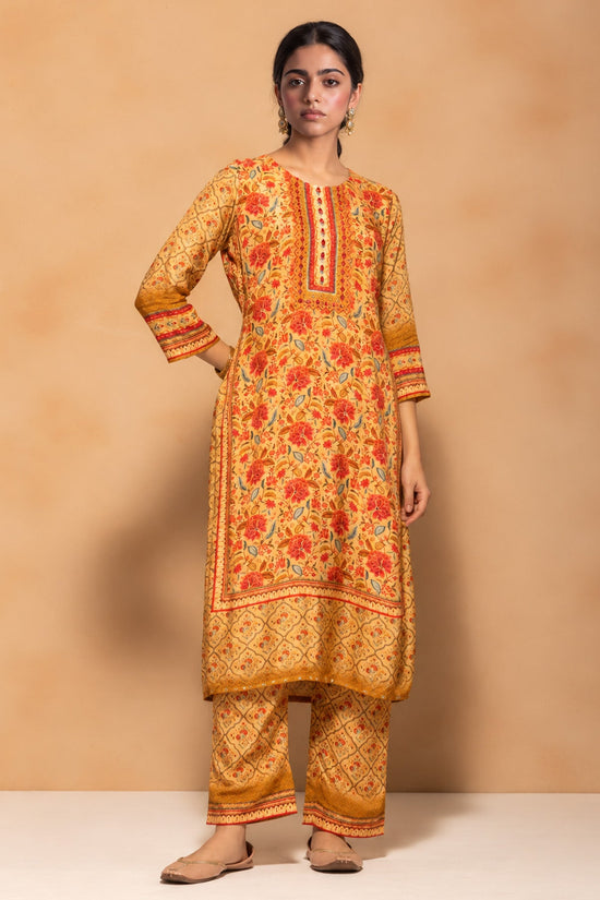 Beige Floral Printed 3 Pcs Kurta Set