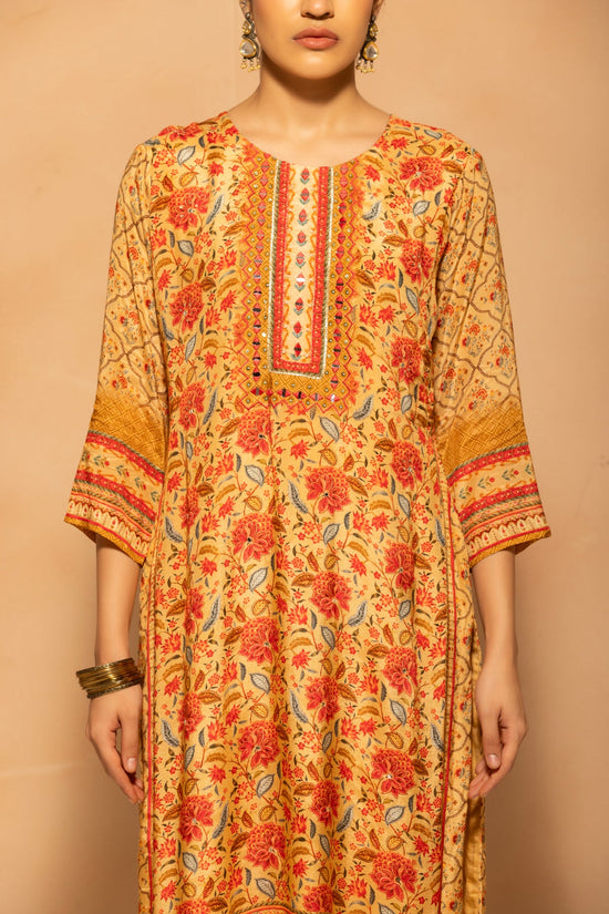 Beige Floral Printed 3 Pcs Kurta Set