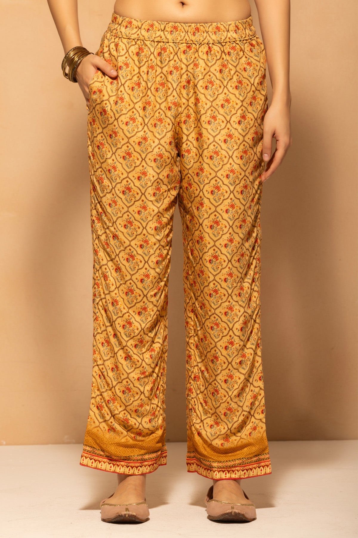 Beige Floral Printed 3 Pcs Kurta Set