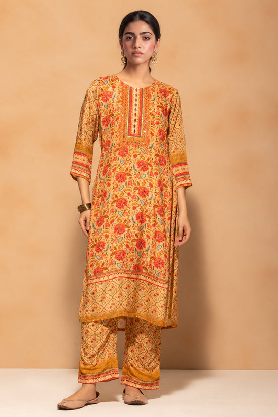 Beige Floral Printed 3 Pcs Kurta Set