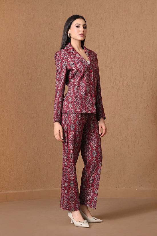 Winter Red Ikat Printed Woven Coat Set