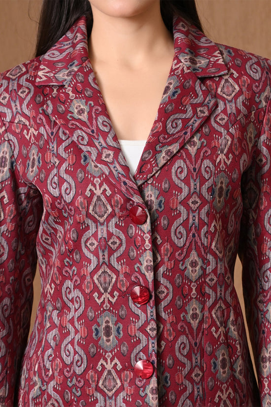 Winter Red Ikat Printed Woven Coat Set