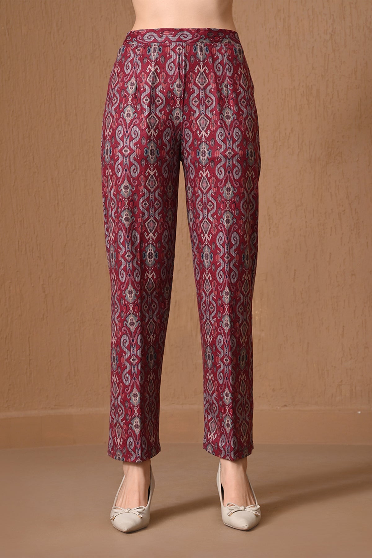 Winter Red Ikat Printed Woven Coat Set