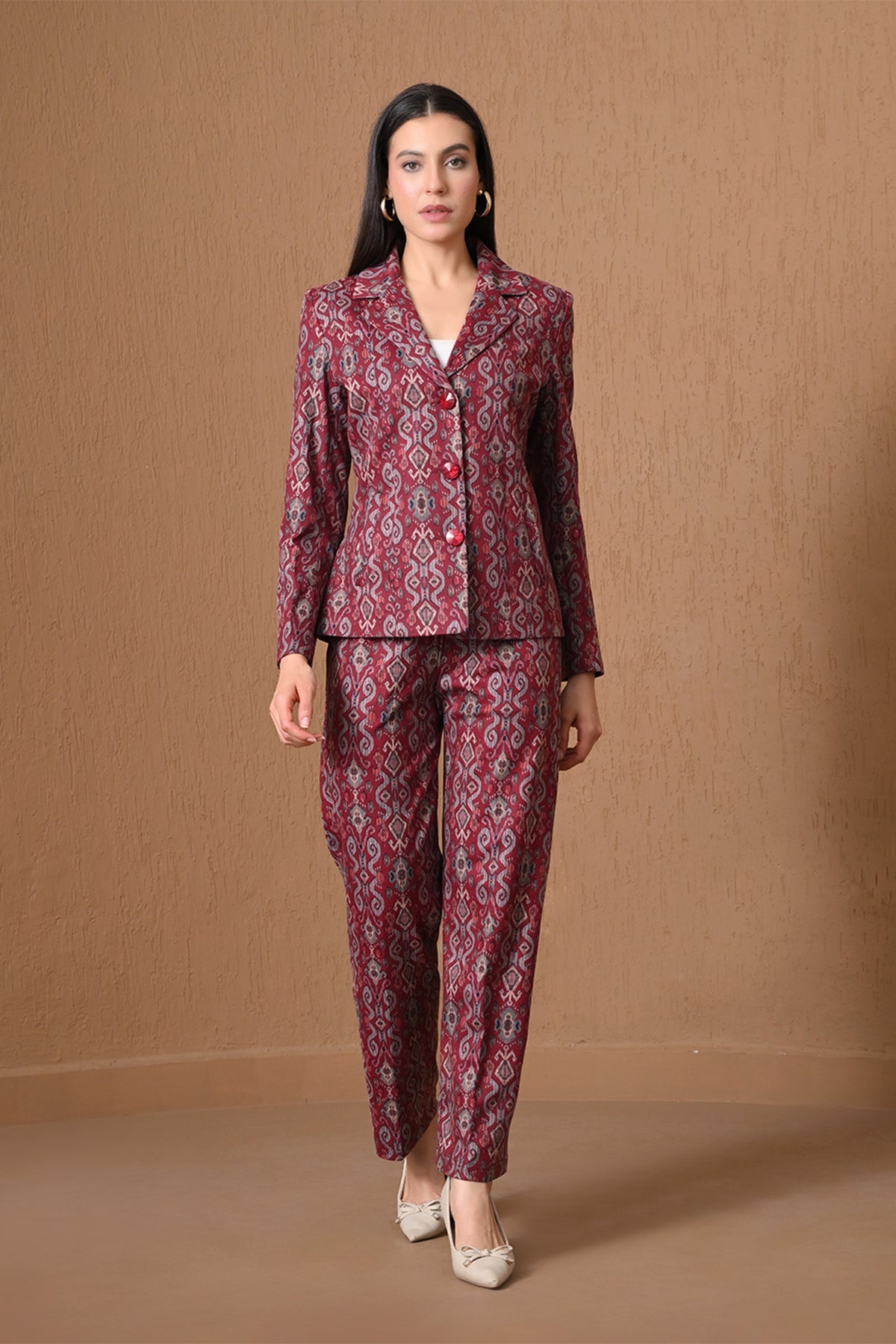 Winter Red Ikat Printed Woven Coat Set