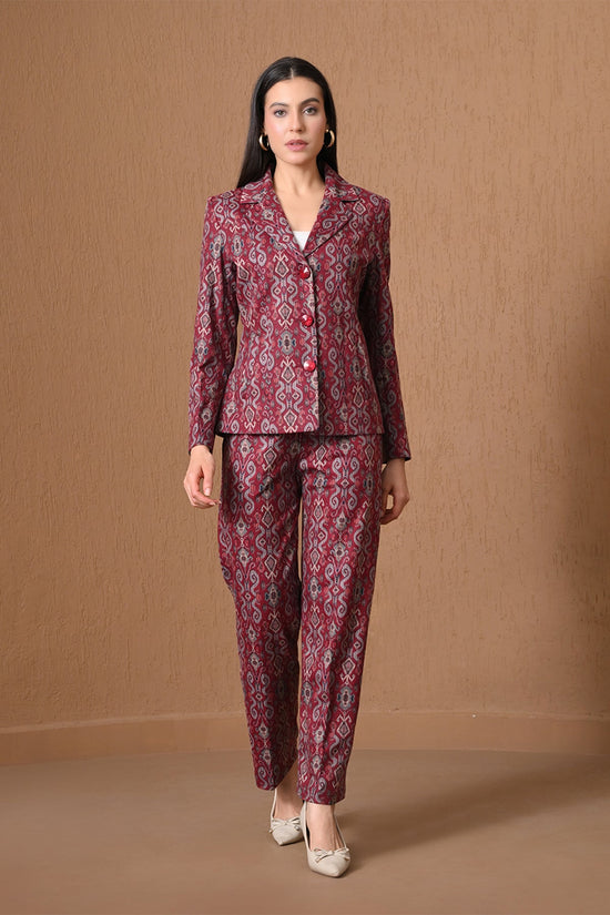 Winter Red Ikat Printed Woven Coat Set