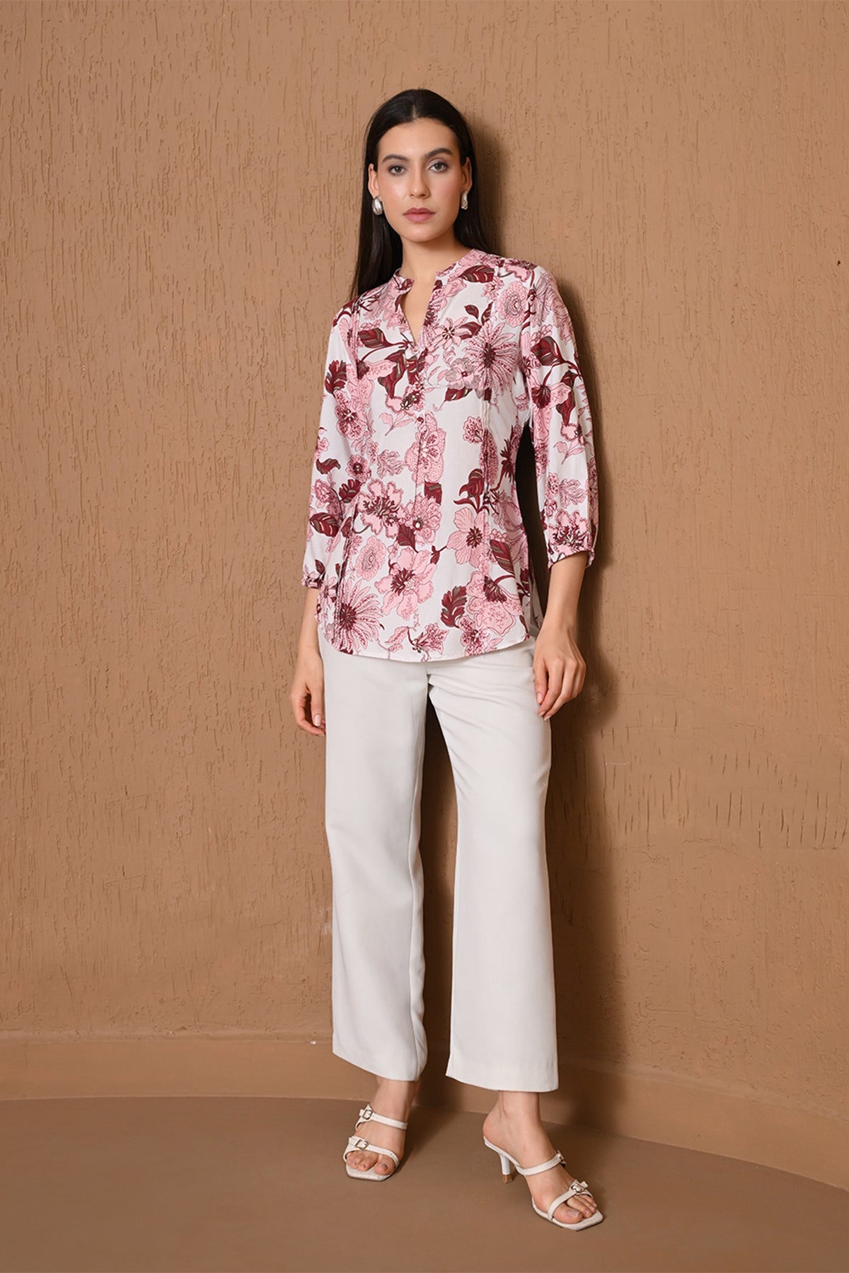 Cream & Peach Floral Print Top