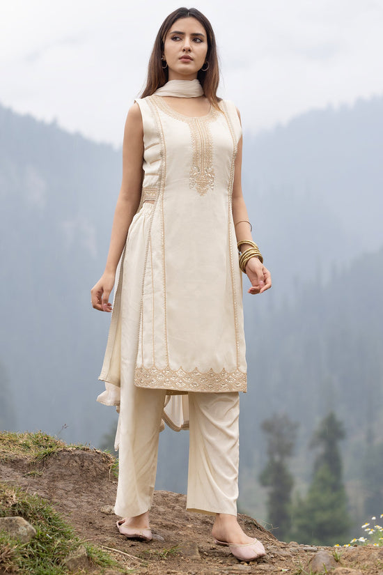 Cream and Gold Embroidered 3 Pcs Kurta Set