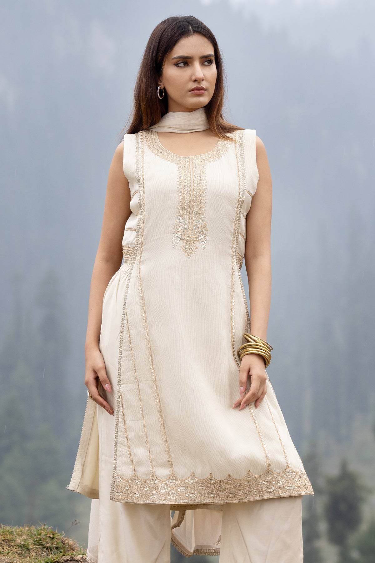 Cream and Gold Embroidered 3 Pcs Kurta Set