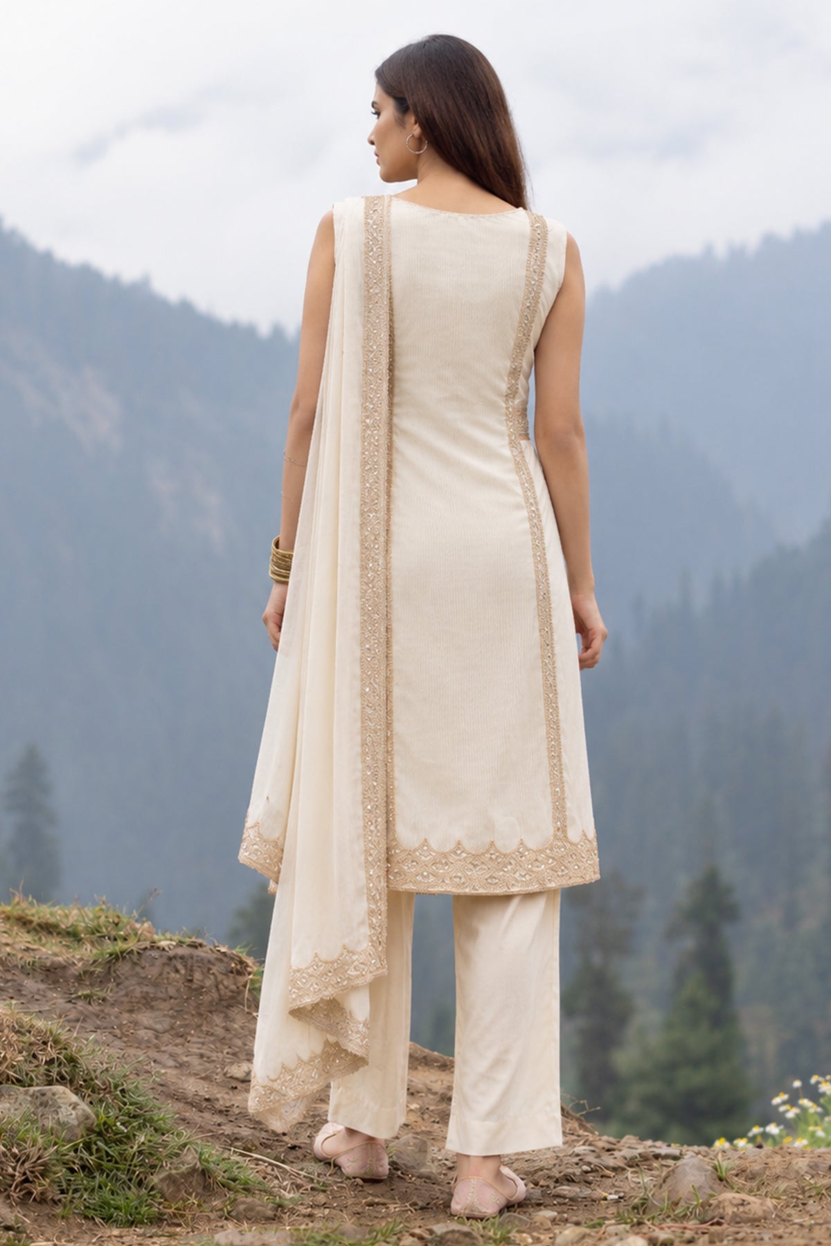 Cream and Gold Embroidered 3 Pcs Kurta Set
