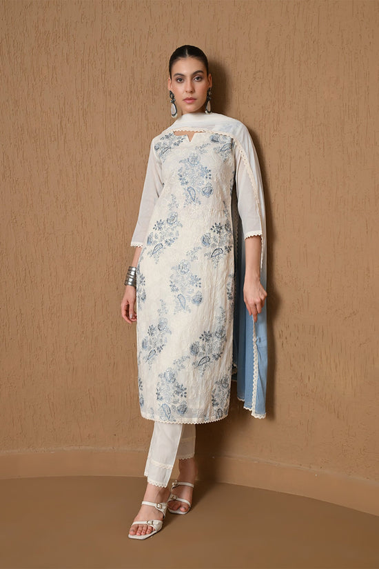 Cream Floral Embroidered 3 Pcs Kurta Set