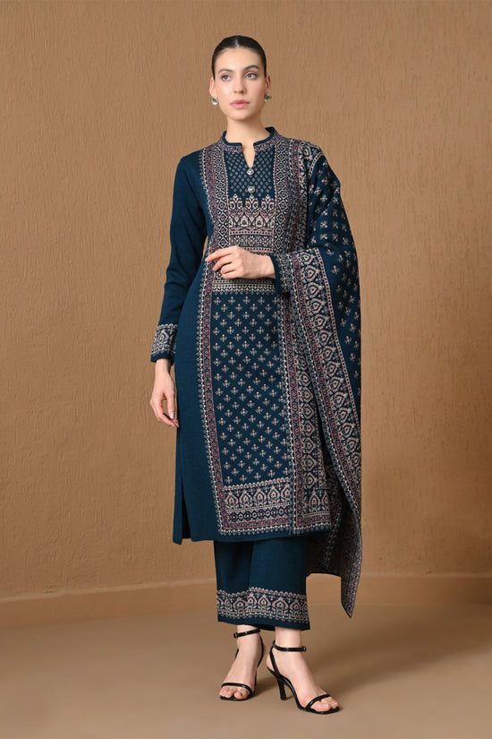 Winter Green Jacquard Knitted Kurta 3 Pcs Set