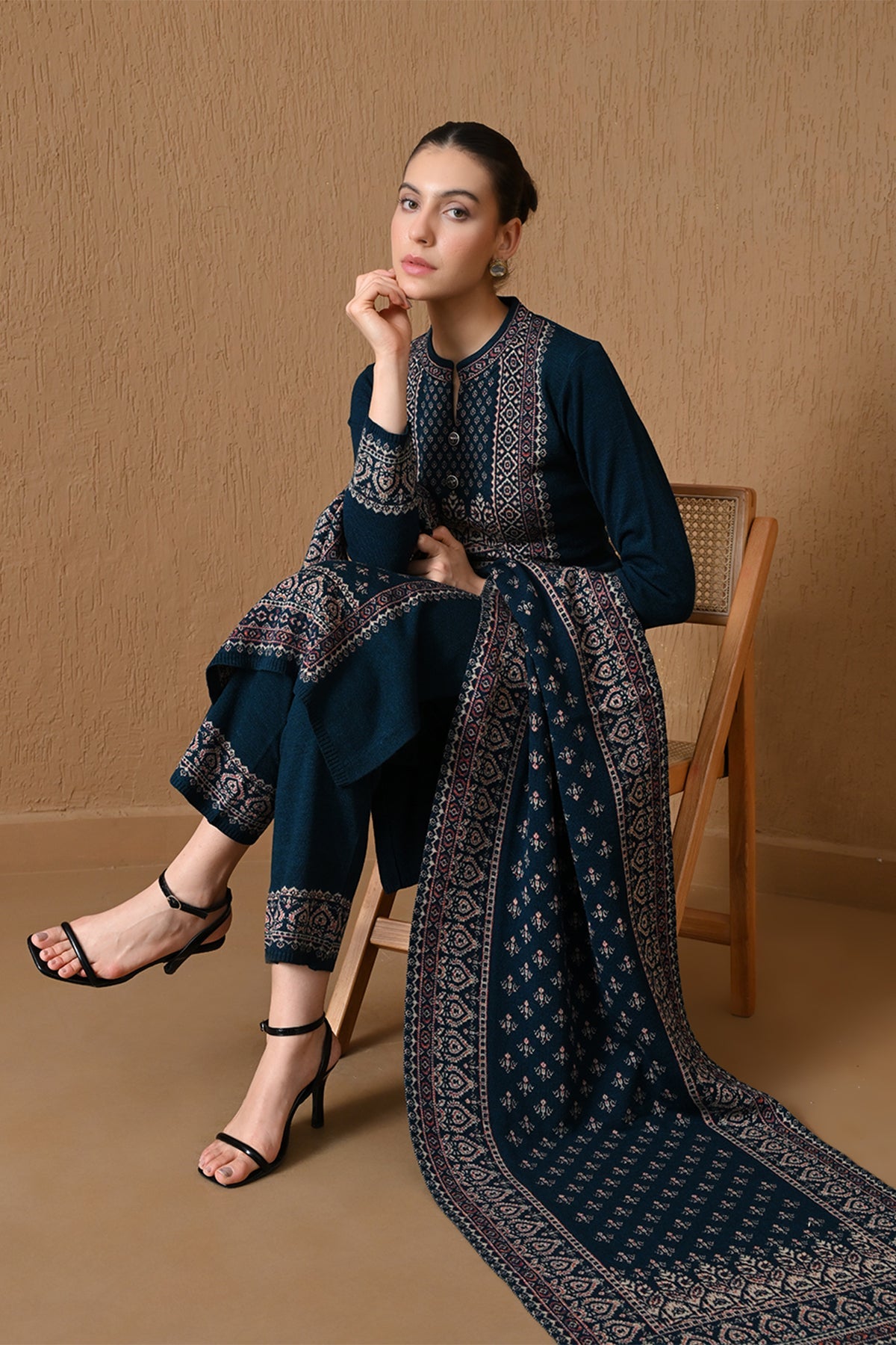 Winter Green Jacquard Knitted Kurta 3 Pcs Set