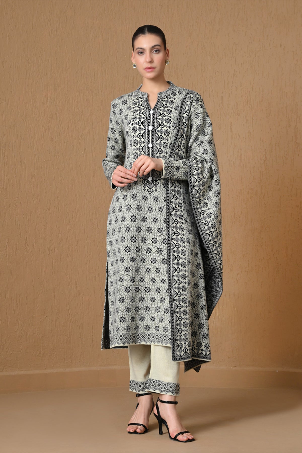 Winter Cream Jacquard Knitted Kurta 3 Pcs Set