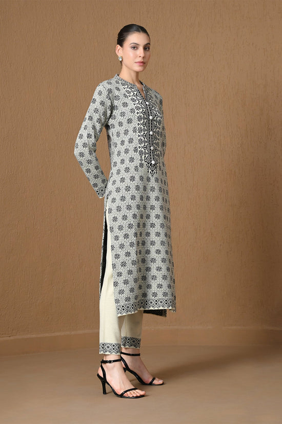 Winter Cream Jacquard Knitted Kurta 3 Pcs Set