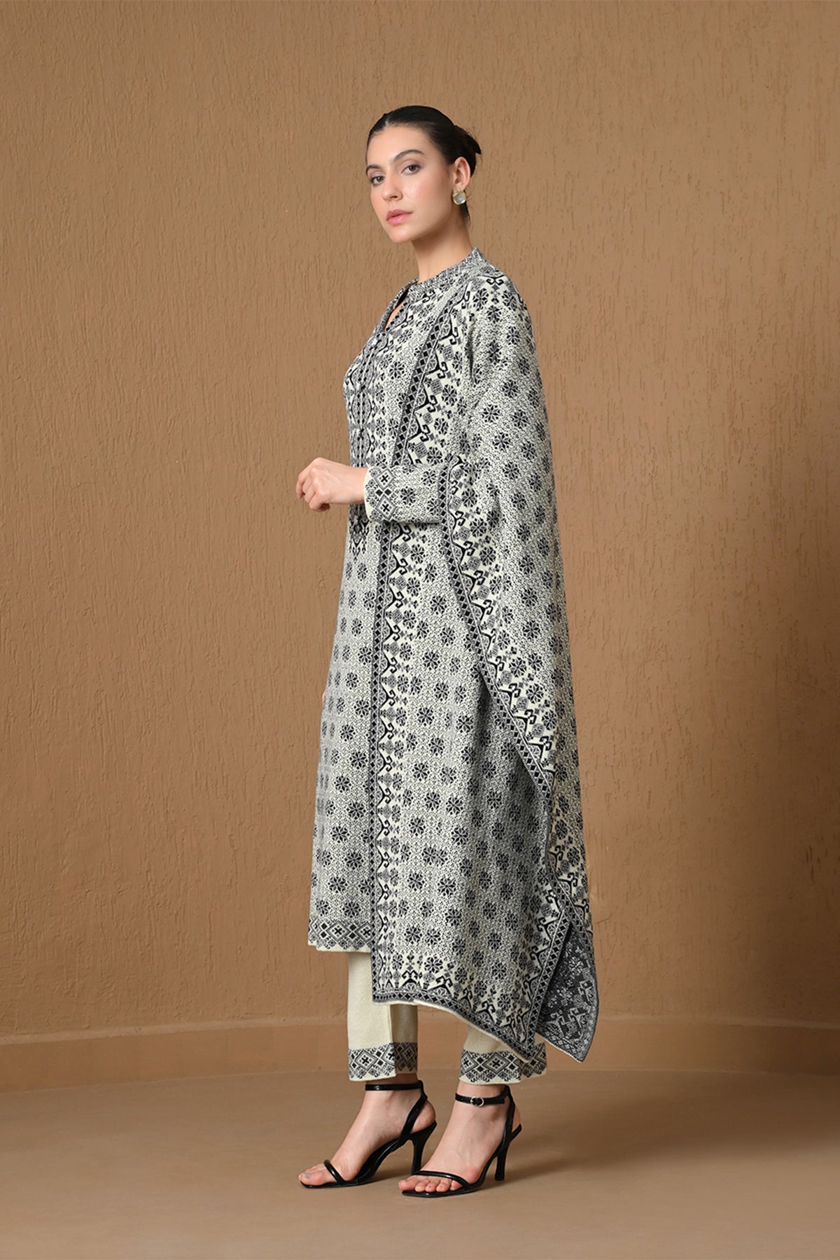 Winter Cream Jacquard Knitted Kurta 3 Pcs Set