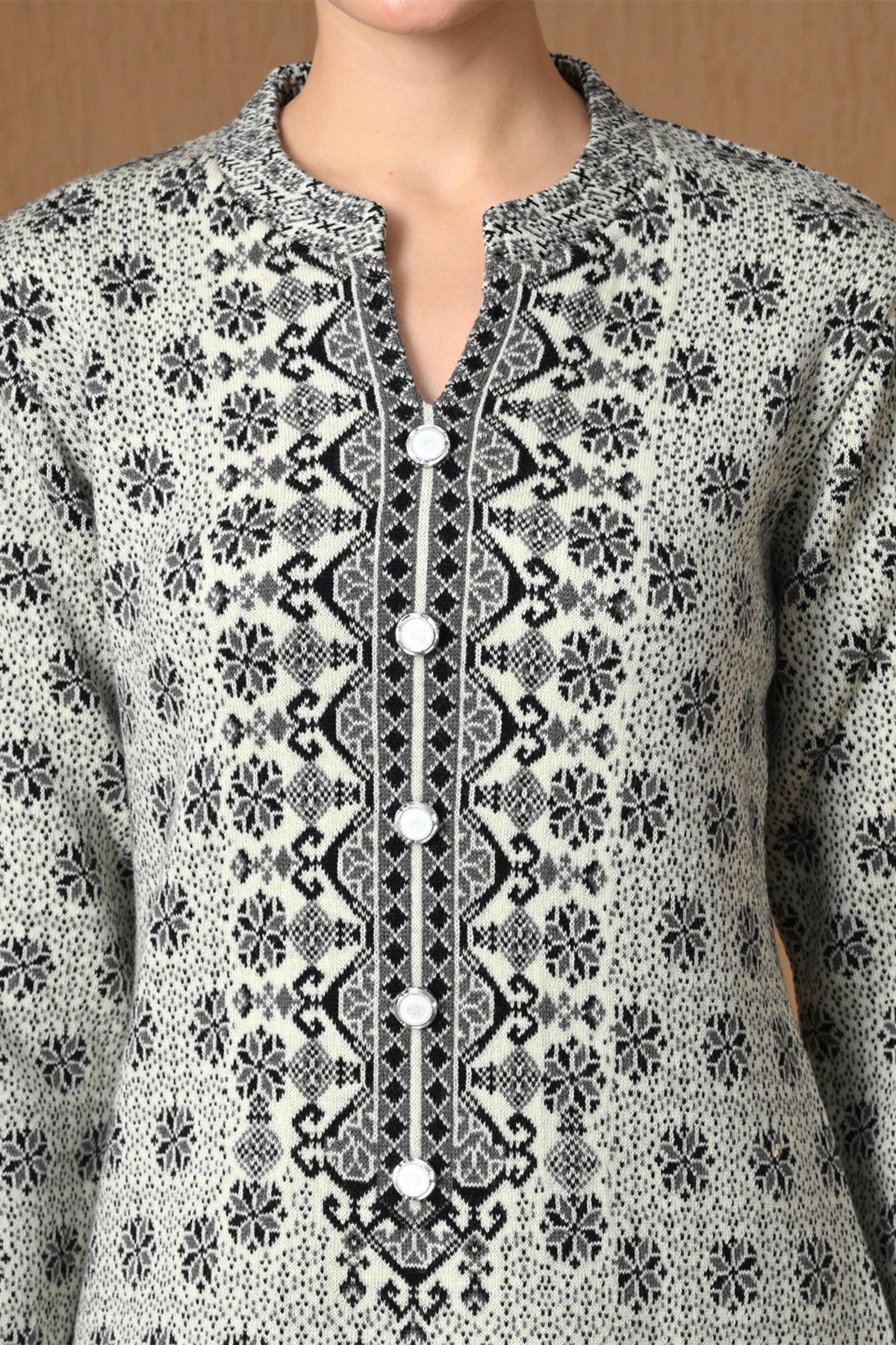 Winter Cream Jacquard Knitted Kurta 3 Pcs Set