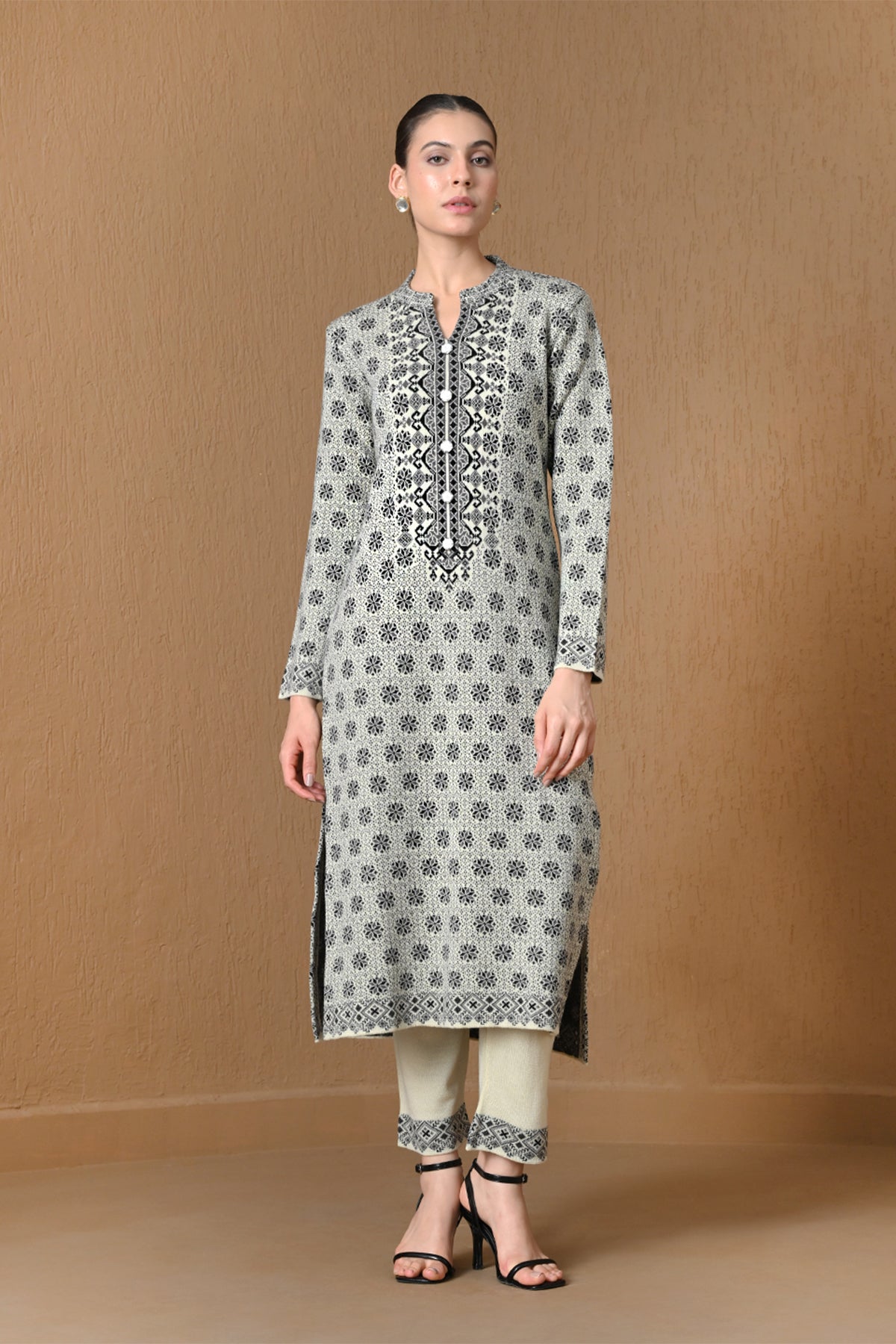 Winter Cream Jacquard Knitted Kurta 3 Pcs Set