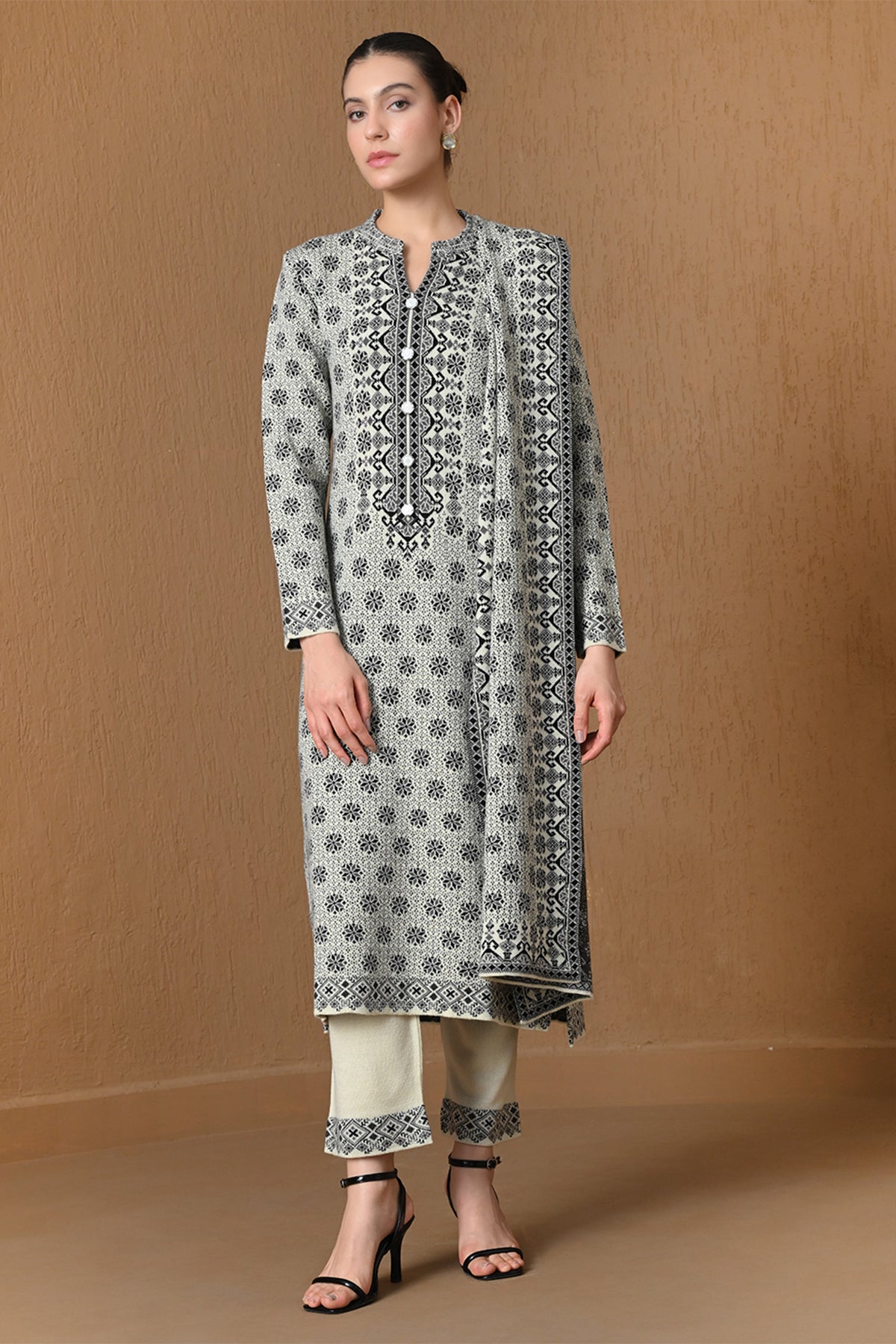 Winter Cream Jacquard Knitted Kurta 3 Pcs Set