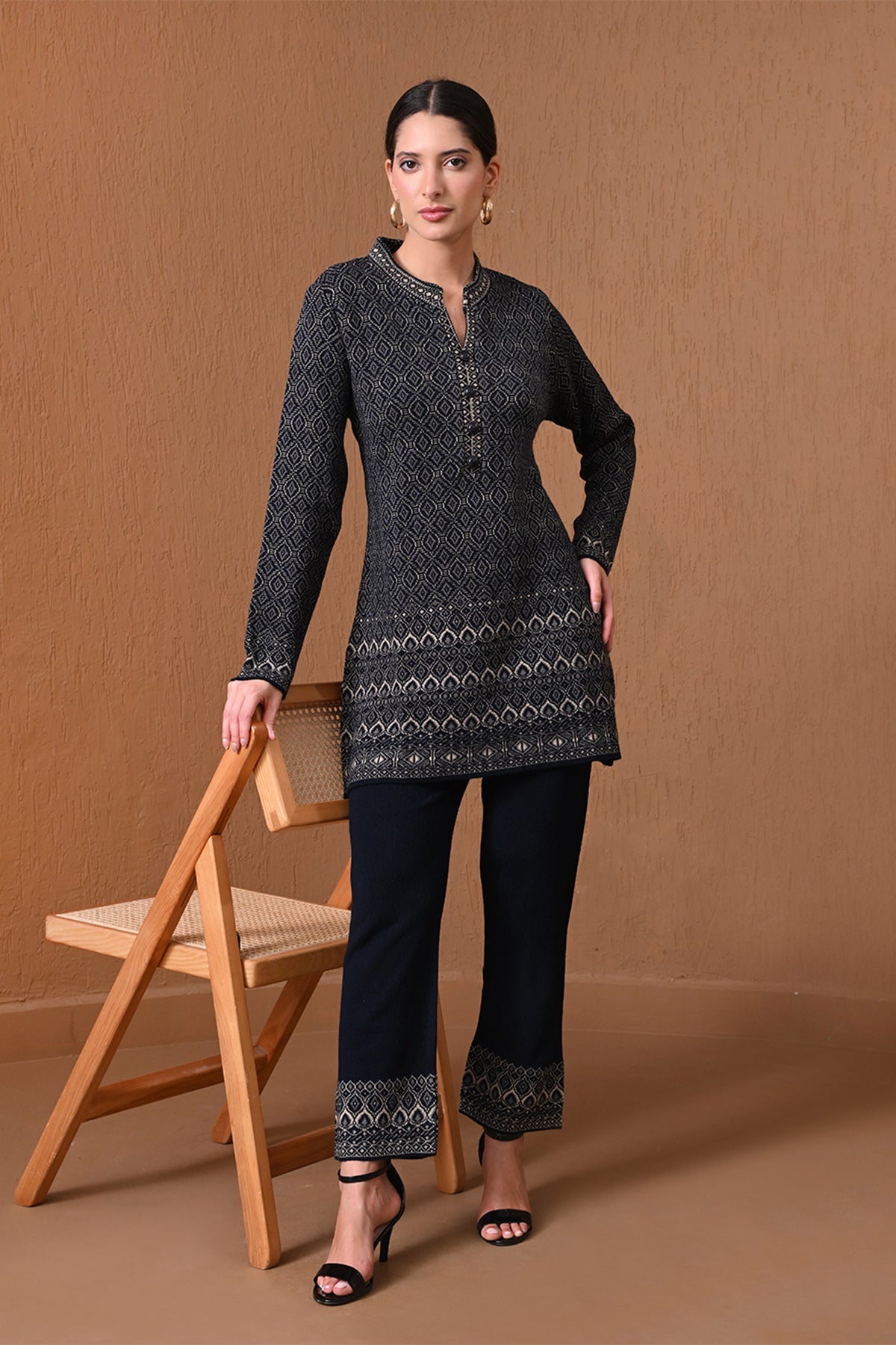 Winter Navy Blue Geometric Woven Co-ord Set
