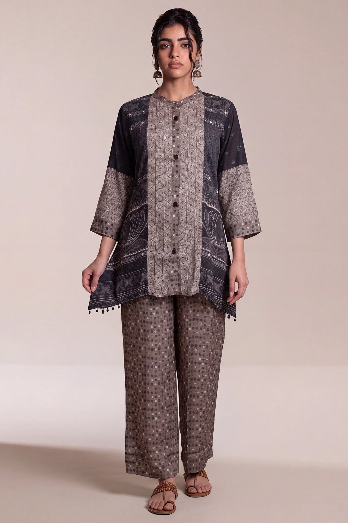 Graphite Grey Crepe Patchwork Print Co-ord Set