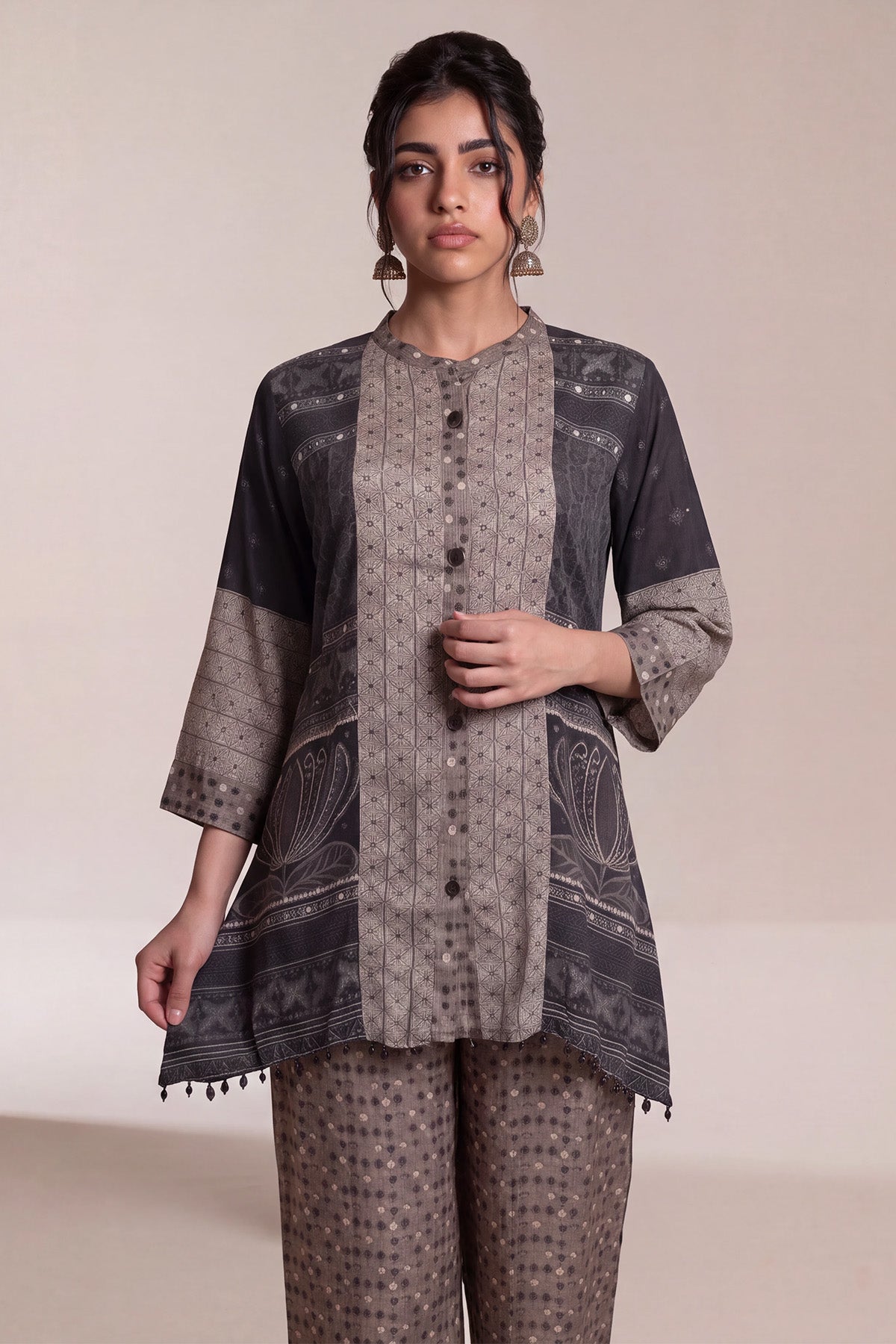 Graphite Grey Crepe Patchwork Print Co-ord Set