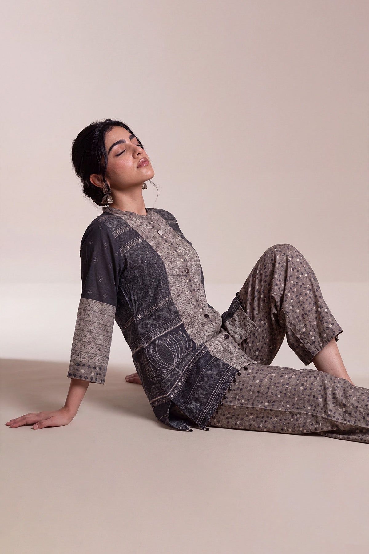 Graphite Grey Crepe Patchwork Print Co-ord Set