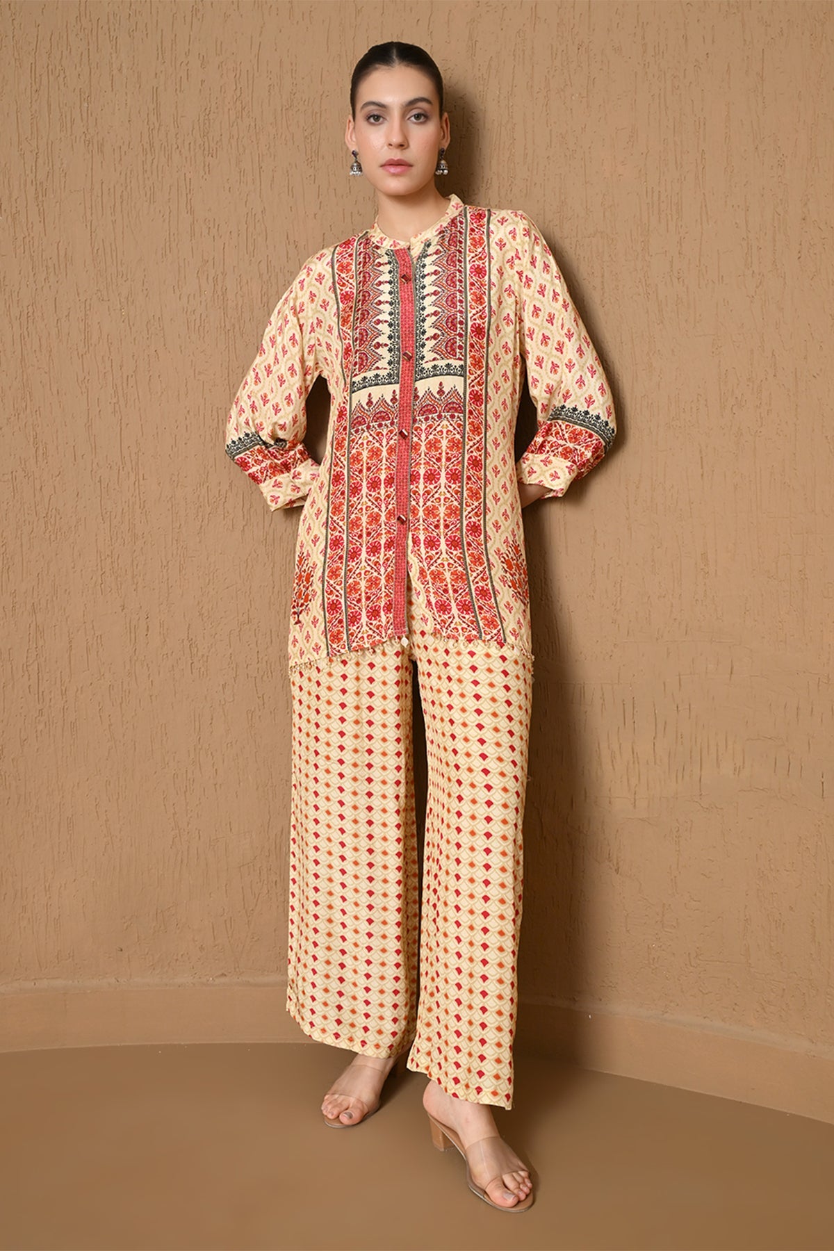 Beige & Red Floral Geometric Printed Co-ord Set