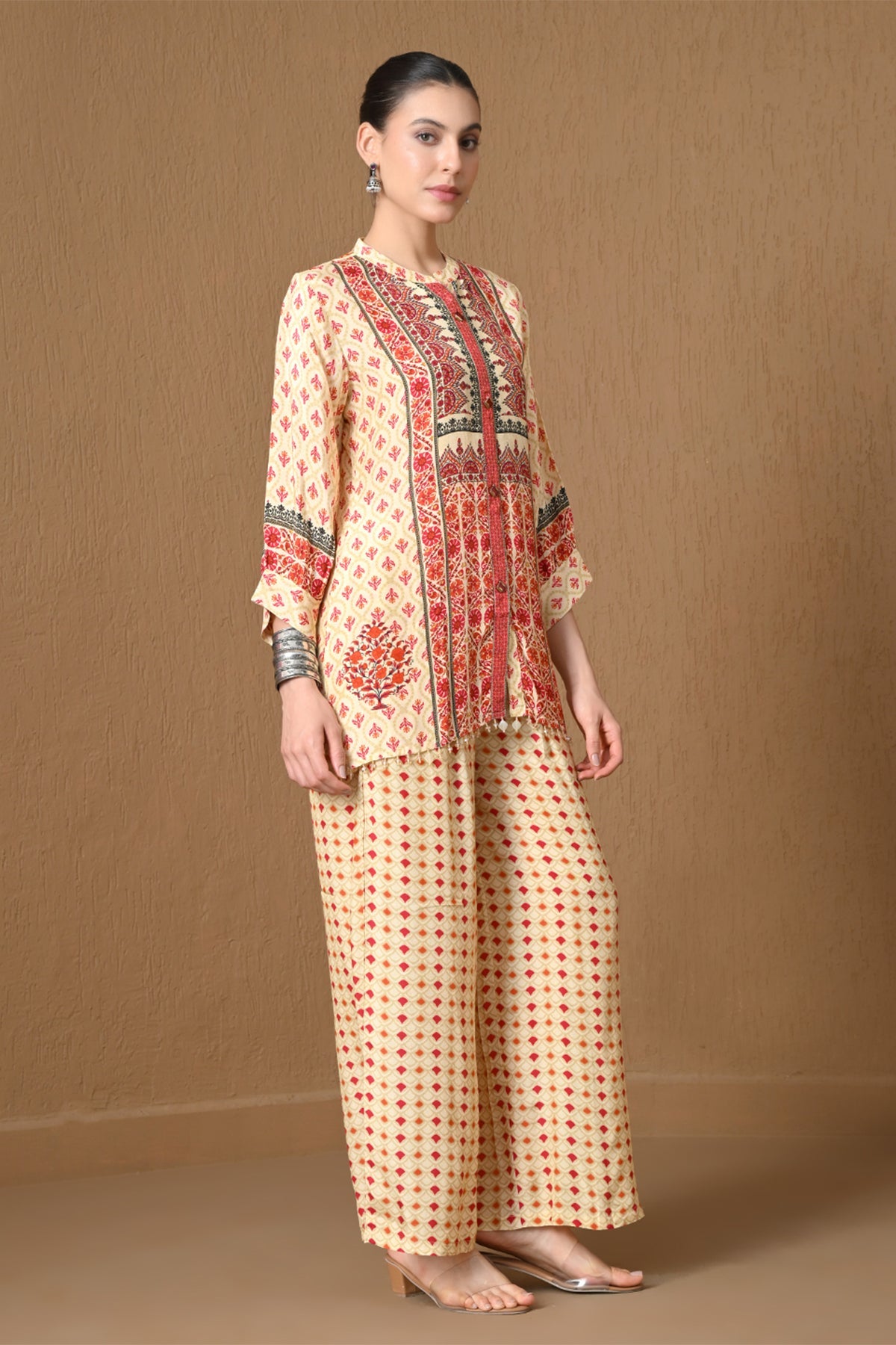 Beige & Red Floral Geometric Printed Co-ord Set